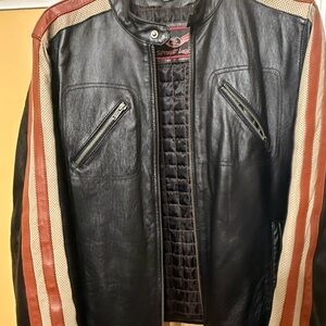 Black Leather Jacket by STREET LEGAL with Red and Tan Stripes, MENS Small EUC
